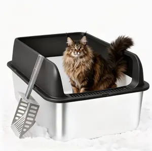 Stainless Steel Litter Box, Extra Large Cat Litter Box Kitty Litter Box Entry Large High Sided Kitty Litter Pan with Scoop Metal Litter Box for Small Medium Large Big Cats (Black)