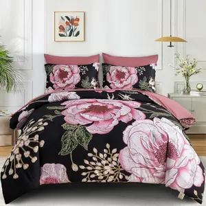 Floral King Comforter Set 7 Pieces Bed in a Bag, Pink Flower Print on Black Bedding Set, Soft Reversible Comforter with Sheet Set 104"x90"