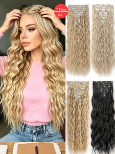 7-Piece Women's Wavy Clip-In Hair Extensions, Synthetic Fiber, Medium Length, Easy Daily Use, Volume Boost, All Hair Types