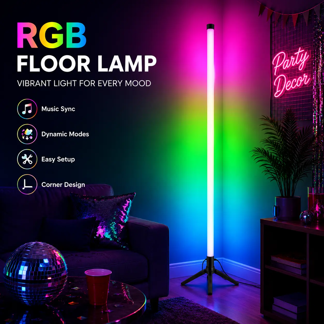 RGB LED Corner Floor Lamp - 16M Colors, Music Sync, Modern Color-Changing Standing Mood Light with Space-Saving Triangle Base, Ambient Lighting for Bedroom, Living Room, Gaming Room