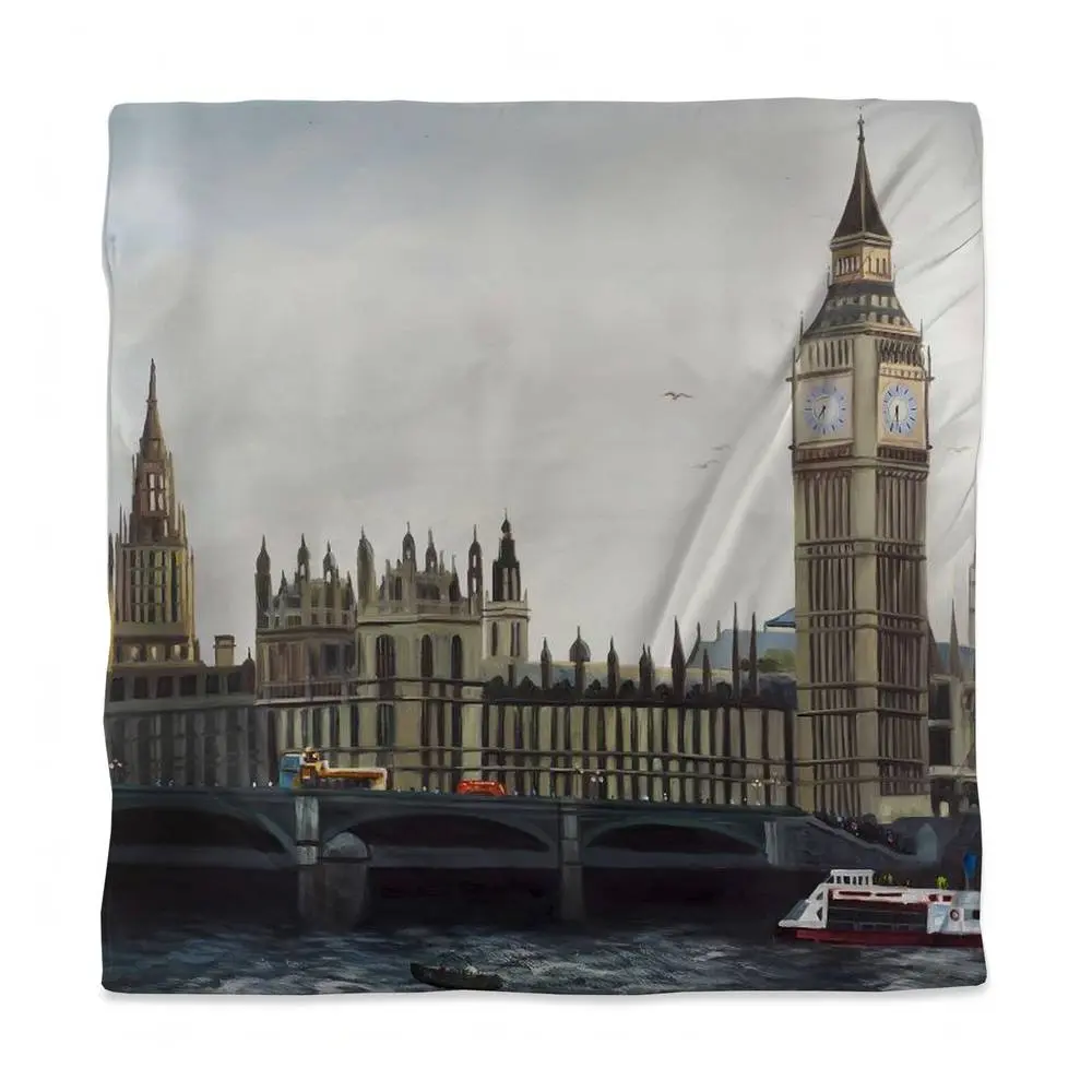 Begin Home Decor 3817-SWCQ-CI259 Big Ben Clock Tower Queen Size Duvet Cover - London Bedroom Decor