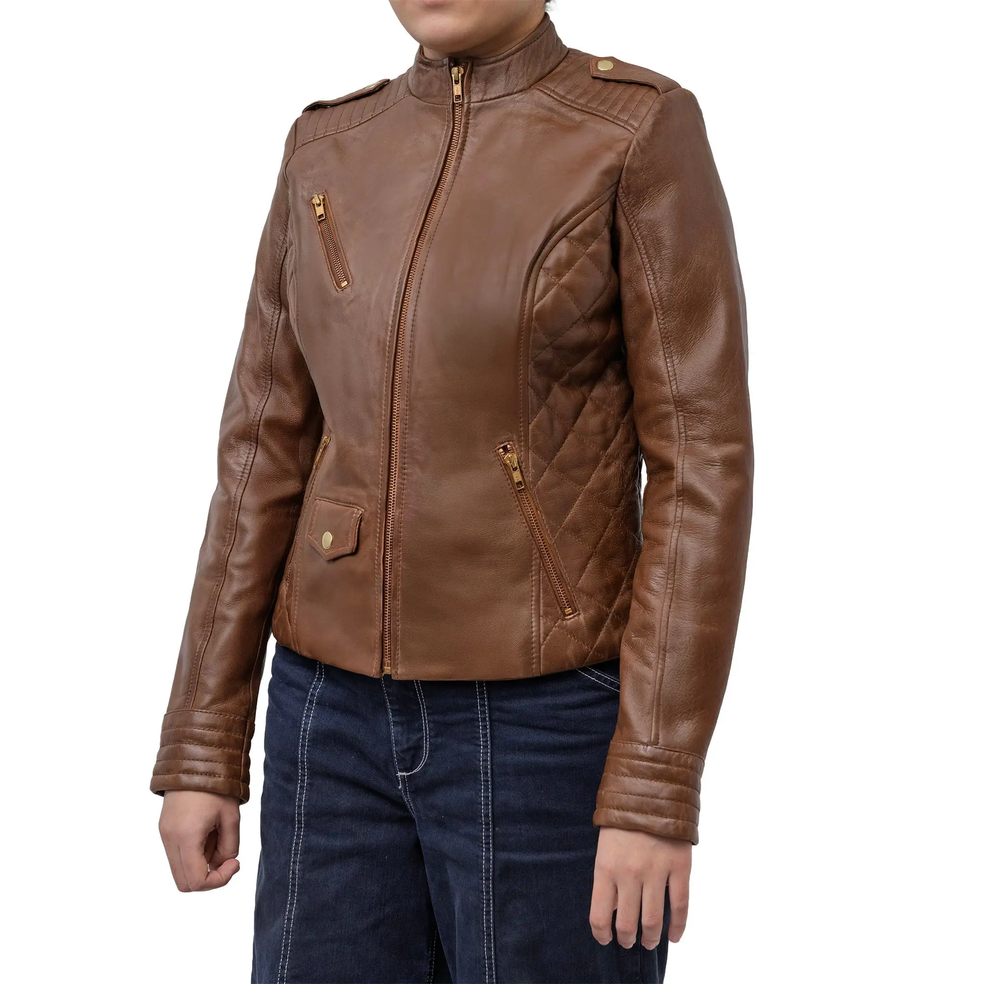FM Women's Brown Lambskin Leather Jacket w/ Quilted Accents
