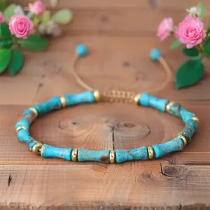 Natural Handmade Blue Sea Sediment Jasper Bracelet, Hand Braided Adjustable Bamboo Beads Gemstone Bohemian Healing Bracelet