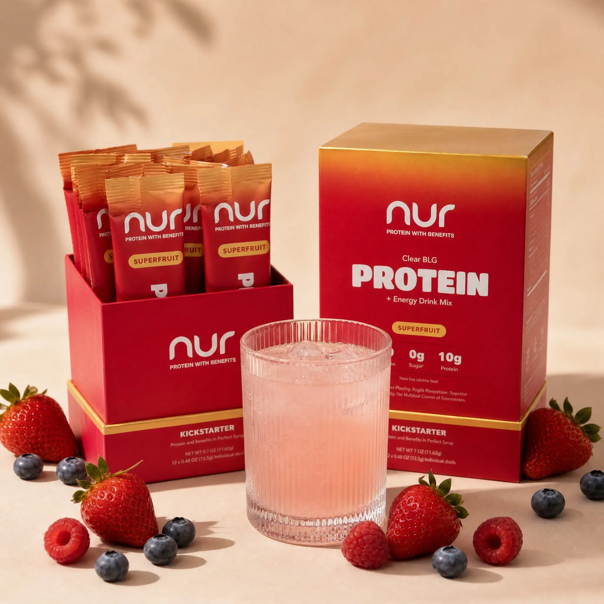 NUR Clear Whey Protein + Energy Drink Mix, Single-Serve Sticks, Superfruit, 12-Pack – Zero Sugar, No Artificial Sweeteners, L-Theanine, Natural Caffeine, Vitamin B, Gut-friendly, Lactose-Free, Keto-Friendly, Protein Powder for Women, Clean Energy