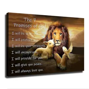 Lion Wall Art Lion and Lamb Image God's Seven Promises Poster Canvas Print Decor Ornaments Room Decoration Artistic Photo Decorative Artwork Unique Artwork