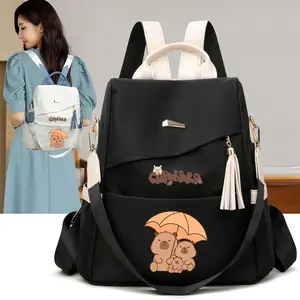 Cute Capybara Pattern Women's Lightweight Backpack, Adjustable Straps, Tassel Details, Multi-Pocket Design, Fashionable Blue Edges