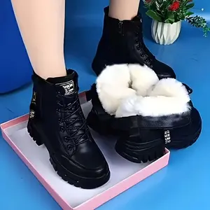 Women's Simple Fashion Winter White Fleece Lined Short Boots Lace-up Side Zipper Round Toe Casual Ankle Boots Non-slip Rubber Sole Thick Sole Height-increasing Warm Comfortable for Outdoor Daily Wear in Cold Weather