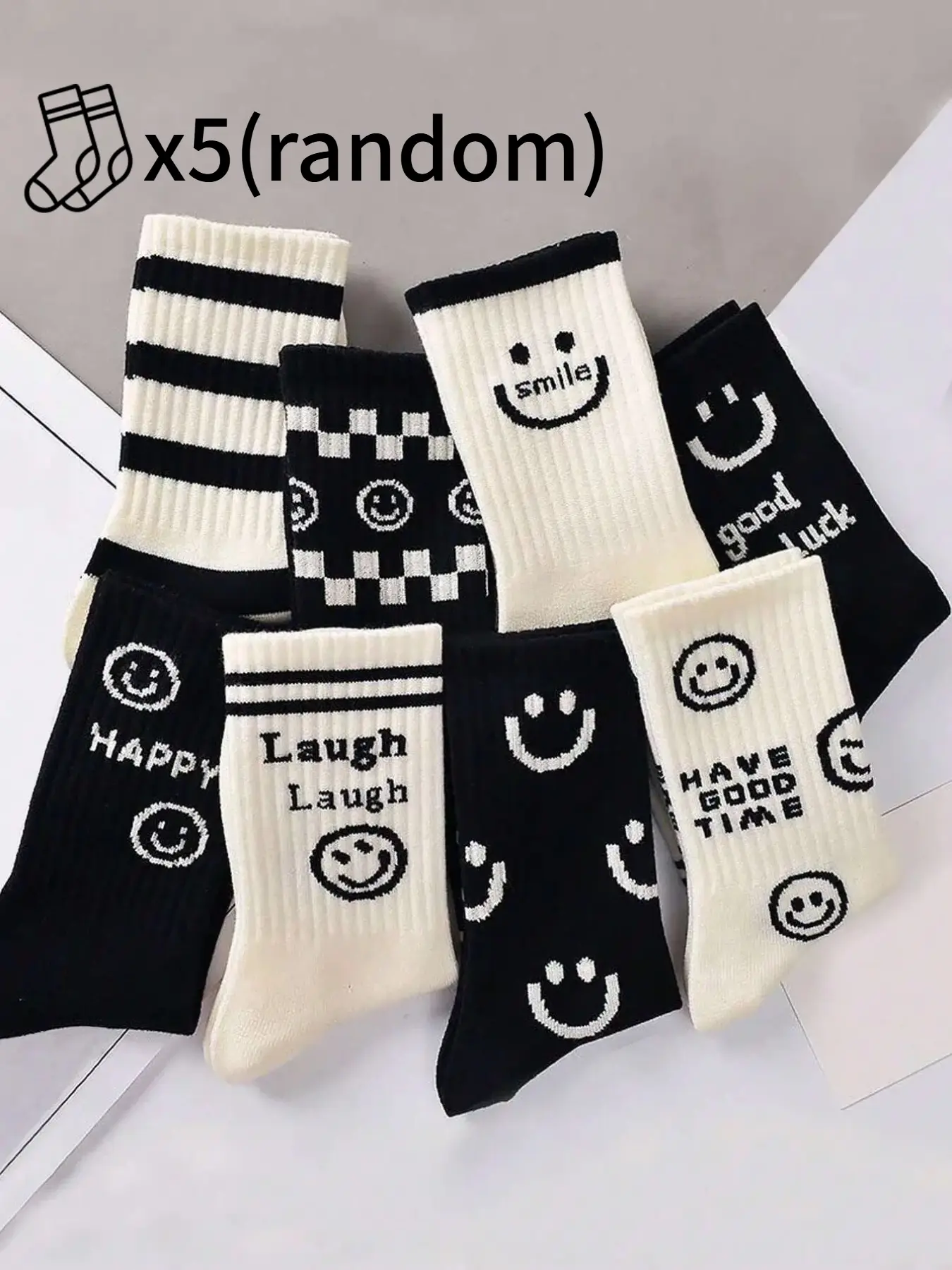 5-Pair Assorted Set (Random Mix) Men's & Women's Striped Smiley Pattern Personalized Fashionable Versatile Comfortable Soft Classic Casual Mid-Calf Socks, Perfect for Everyday Wear, Fall/Winter Style