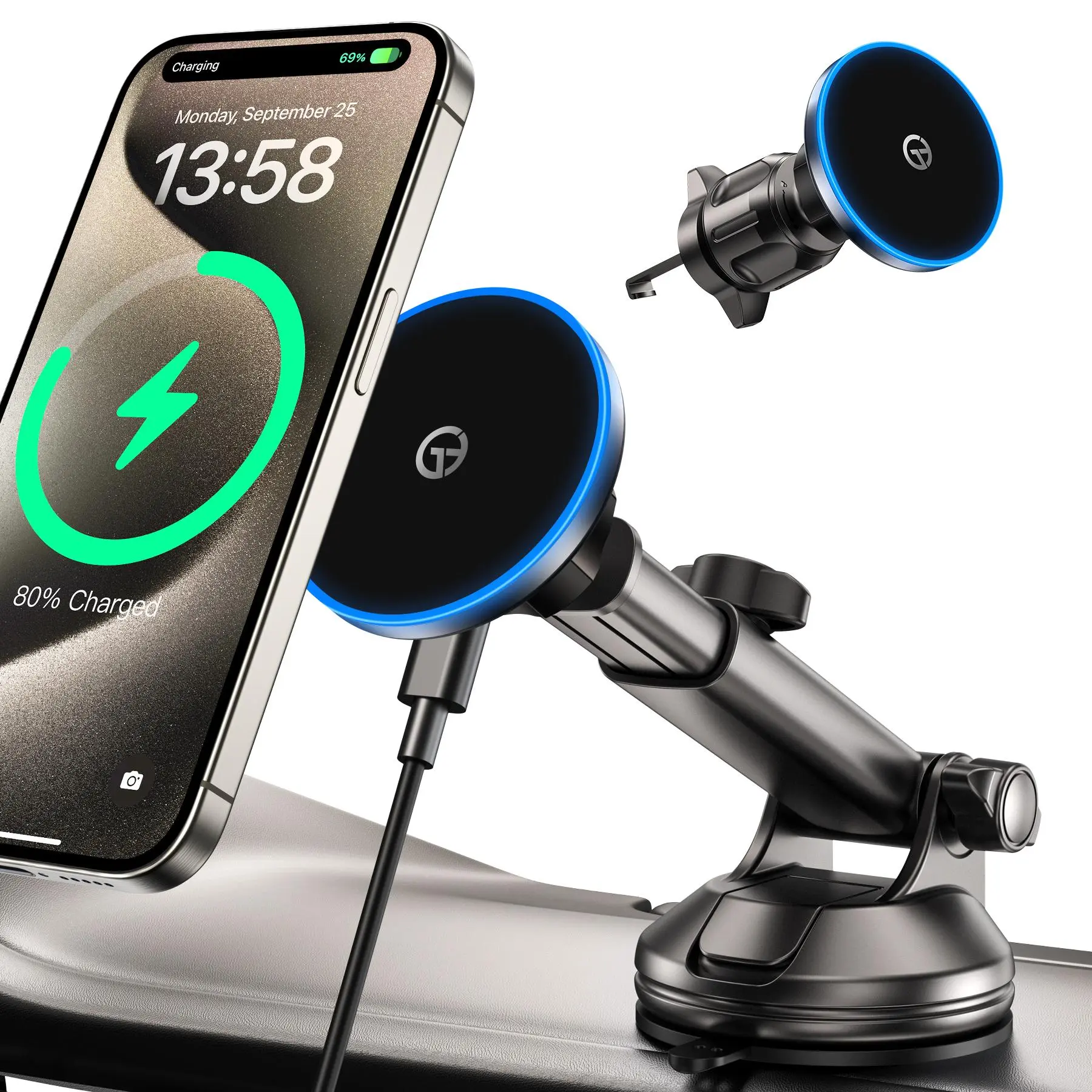 2-in-1 Magnetic Car Phone Holder & Fast Wireless Charger, Magnetic Charging Design, Car Phone Holder for iPhone 16 15 14 13 12 Pro Max Plus SE Mini, Car Interior Accessories