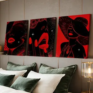 3 Counts Wooden Framed Canvas Painting, Elegant Red Lips And Woman Silhouette Images, Exquisite Poster, Perfect Gift, Decor For Living Room, Bedthroom, Modern Art, Fashion Family Poster, Wall Art Decoration