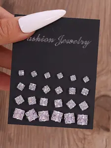 Fashion Simple Hexagon and Square Zircon Earrings, Unisex Daily Wear, Rhinestone Design, Casual Style, All Seasons, Stud Earrings, Stud Earring Jewelry