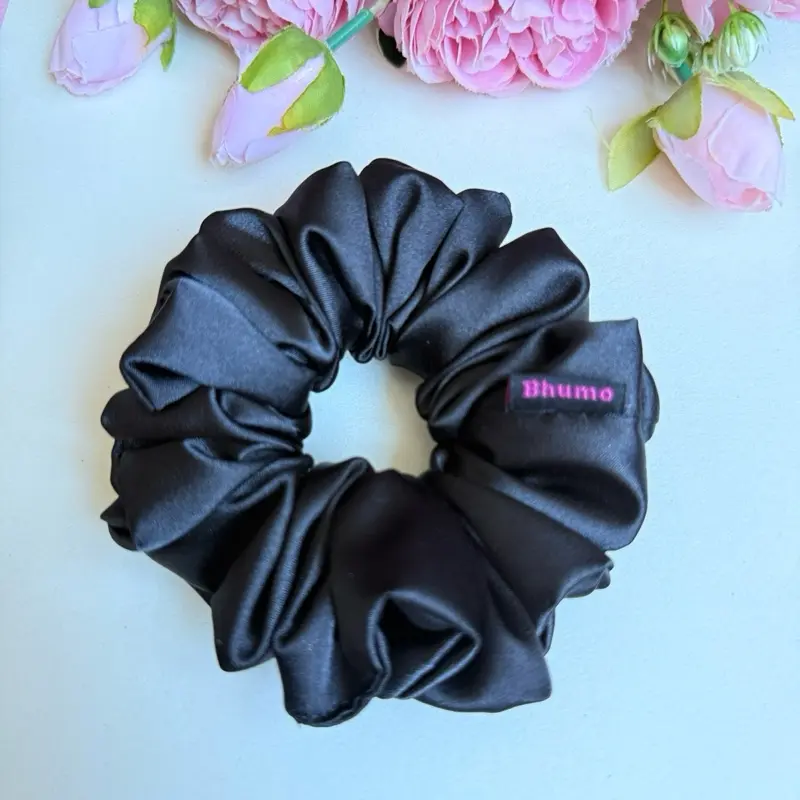Bhumo Black Satin Scrunchie Handmade with High-Quality Ribbons and Satin Fabric for a Luxurious Feel and Durable Construction