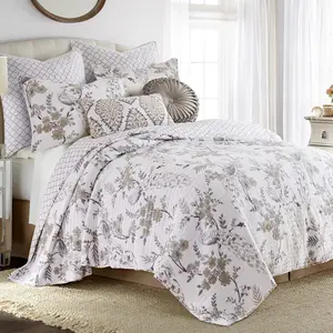 Pisa Reversible Full/ Quilt Set (88x92in) with 2 Pillow Shams (26x20in) - Floral Peacock - Grey, Taupe -   Full/ Size Quilt Bedding Set - Lightweight, Soft, Pre-Washed