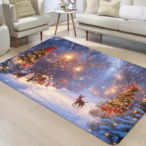 Christmas Steam Train Door Mat, Winter Holiday Glowing Railway Entrance Rug, Non-Slip Night Scene Carpet with Light Effect