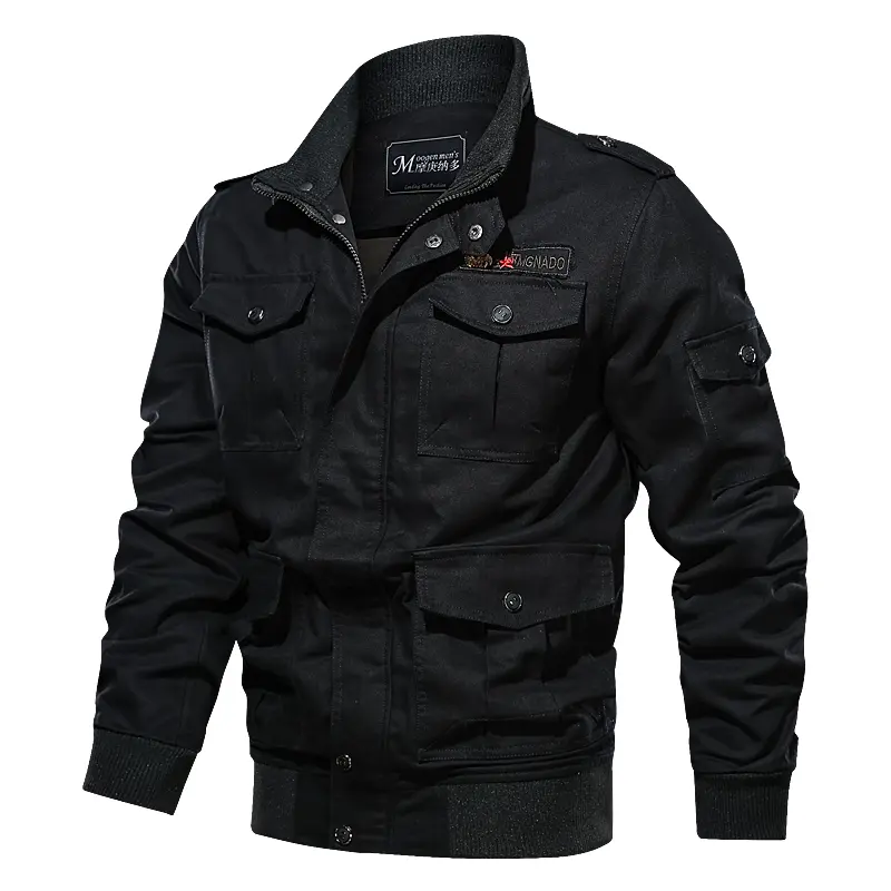 Men’s Vintage Washed Cotton Baseball-Style Jacket - Long-Sleeve Durable Menswear Coat with Multiple Pockets, Shoulder Patches for Outdoor Casual Work Wear, Long-Sleeve Outerwear