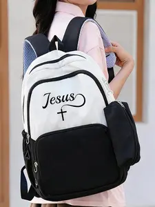 Jesus Cross Pattern Backpack Set with Pencil Case, Colorblock Unisex Casual Bookbag, Student Daily Commuter Bag, All Seasons