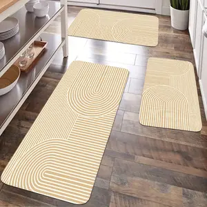 JIT 2/3 pieces of plain yellow bottom stripe pattern flannel carpet set for kitchen, flannel bedside set floor mat, non-slip washable bedside soft carpet, suitable for kitchen, laundry room, corridor floors, running pad carpet