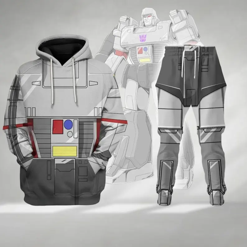Galactic Robot Villain Hoodie and Jogger Set, Silver Gray Mechanical Warrior Inspired Pullover Sweatshirt with Matching Jogger Pants, Sci-Fi Mecha Cosplay Outfit, Halloween Costume Fan Gift