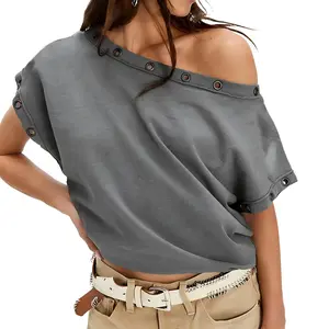 OsCloset Off The Shoulder Tops for Women Short Sleeve Trendy Y2k T Shirts Casual Loose Batwing Summer Going Out Tee