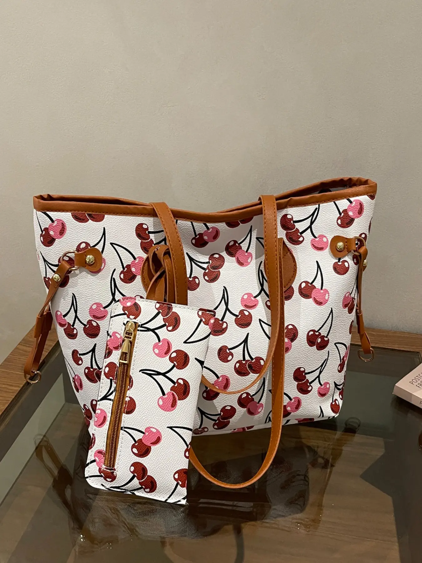 Cherry Print Large Capacity Tote Bag, Casual Canvas Shoulder Bag, Fashion Commute Women's Bag, Fashion Patterned Bag, Includes Matching Wallet, Versatile Daily Use, Daily Commuter Bag