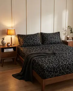 3pcs Black Leopard Print Fitted Sheet Set(1 bedsheet+2 pillowcases), HD Printed 27cm Deep Pocket Bed Sheet, No-Slip Mattress Cover with Pillowcases