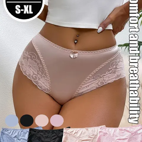Women's Lace Trim Briefs, Soft Comfy Breathable Knitted Fitted Knicker for Daily Wear, Essential Underwear for All Seasons, Panties, Lingerie, Soft Fit Panty