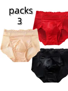 Men's Lace Satin Underwear 3-Pack, Luxury Feel, Seamless Breathable Mid-Waist, Casual All-Season Slim-Fit, Camouflage Pattern, Soft Stretch Briefs, Soft Comfy Underwear
