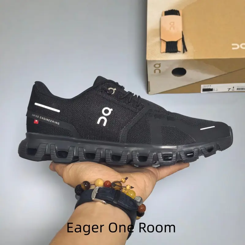 All black monochrome minimalist cloud mesh running sneakers, sleek dark neutral sports footwear, versatile all-match workout, travel and daily commute wardrobe essential