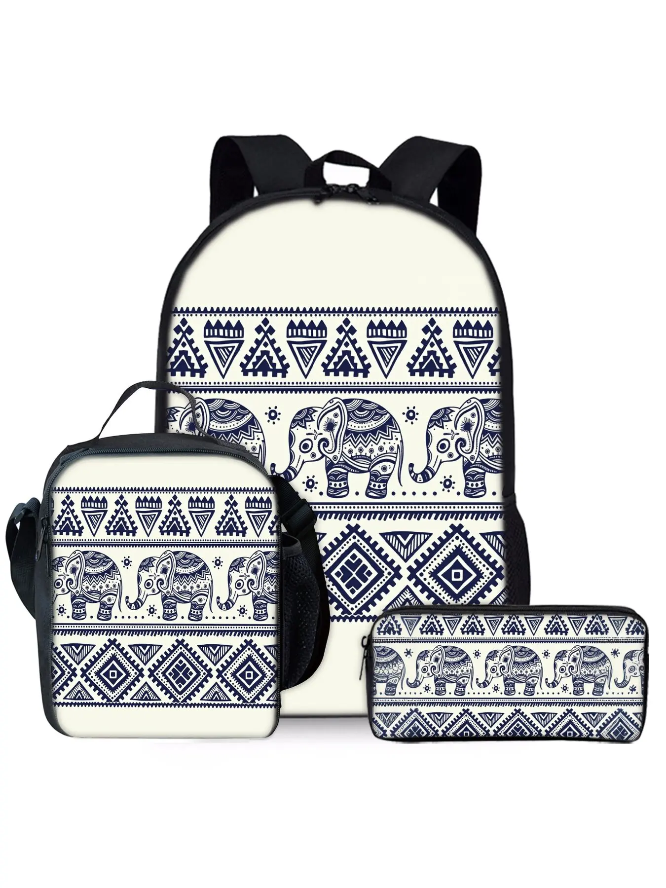 Elephant print backpack three piece set includes lunch bag and pencil case