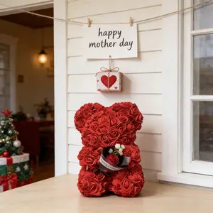 Realistic Preserved Flower Bear Bouquet, Artificial Flowers, Valentine's Day Gift Decoration, Halloween Christmas Home Party Decor, Mother's Father's Day Present
