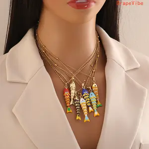 Colorful Oil Dripping 3D Movable Fish Pendant Necklace Stainless Steel Light Luxury Stylish Daily Wear Neck Accessory For Women