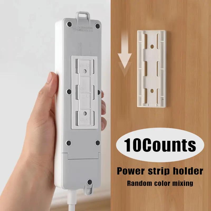 10-Count Socket Organizer Rail, Tear-Off Adhesive Punch-Free Waterproof Wall-or-Table-Fit Holder with 9.5cm x 3.7cm Durable Acrylic Pad, Easy-Installation Desktop Cable Management Fixer for Home Use