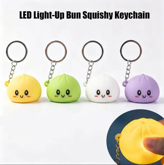 LED Light-Up Bun Squishy Keychain, Soft Silicone Outer Layer with Air Inside, No Fillings - Stress Relief Toy for Anxiety, Fidgeting, Sensory Play & Kids Gifts