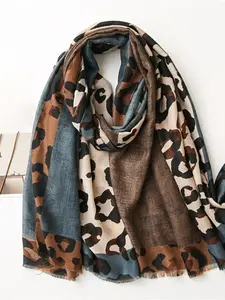 Women's Leopard Print Fringe Scarf, Vintage Colorblock Design, Lightweight Shawl for Fall & Winter, Commuting & Date Accessory