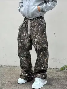 American Vintage Distressed Camouflage Wide Leg Pants, Drawstring Elastic Waist, Loose Fit Conceals Fat, Trendy Street Dance Skateboard Pants, Acid Washed Vintage