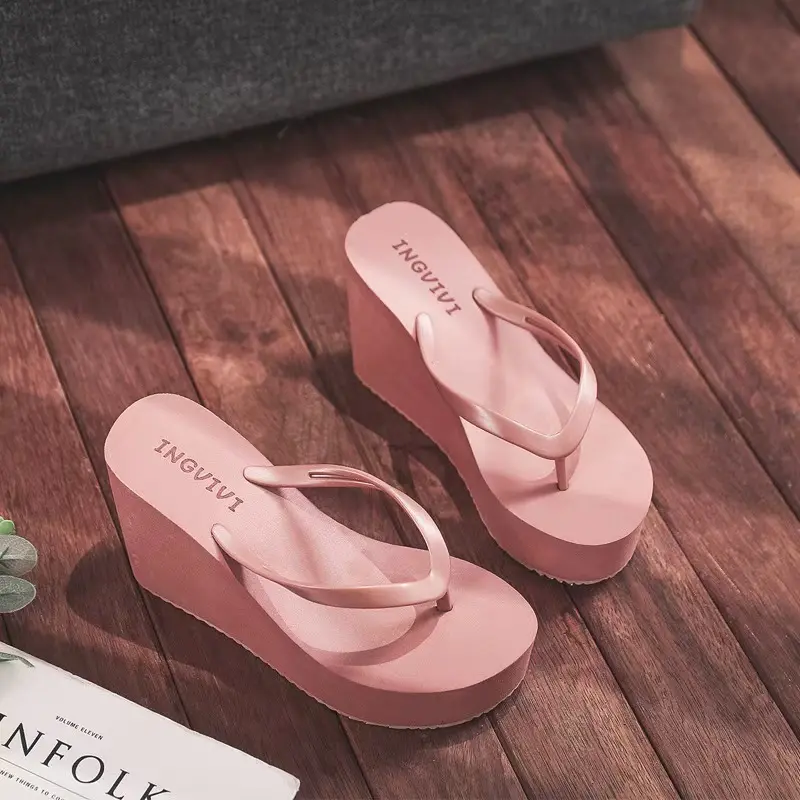 Trendy Summer Beach Wedge Heel Thong Sandals Ladies Solid Black Blue White Nude EVA Platform Flip Flops Versatile Lightweight Non Slip Casual Footwear