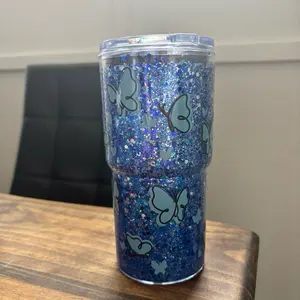 Butterfly Tumbler with Blue Glitter and Clear Lid, Reusable Drinkware for Beverages, Perfect for Everyday Use