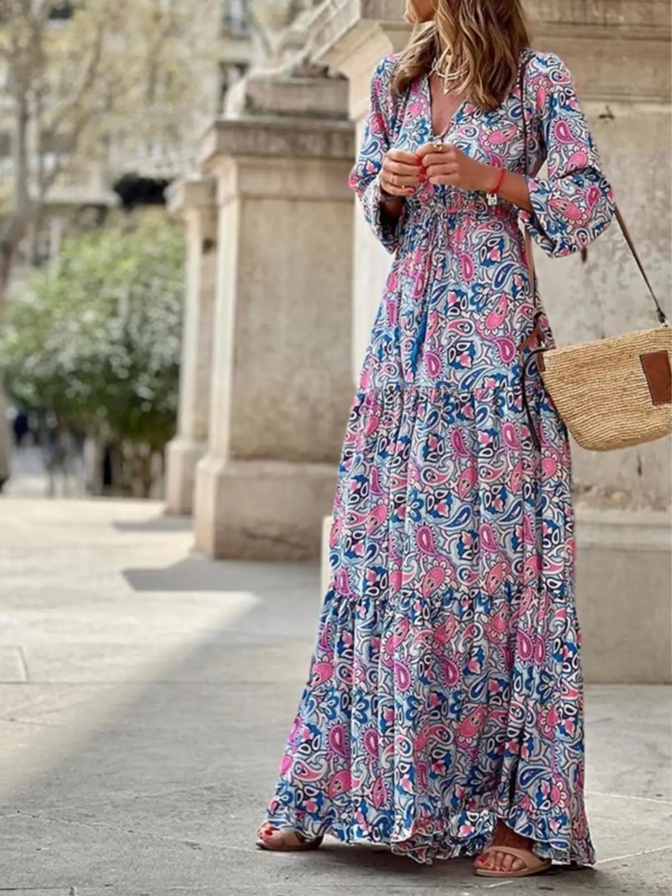 Women's All-Over Print Boho Bohemian A-Line Style Casual Elegant Dress, V Neck Long Sleeve, Loose-Fit, Everyday Casual Wear, Spring & Fall, Perfect for Weddings and Holidays