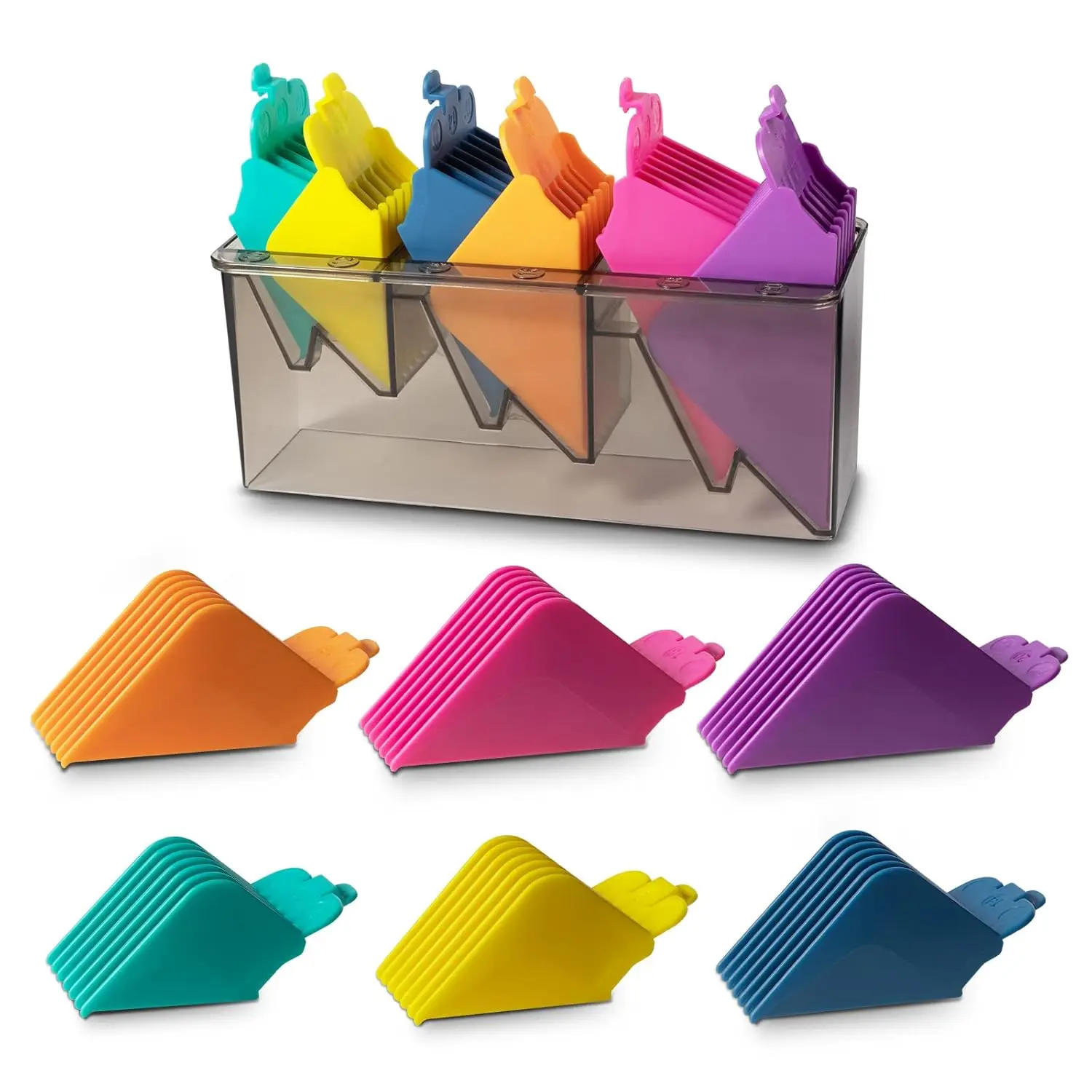 Clipper Guards Set 10 12 14 16 18 20 Compatible with Most Wahl Clippers, Color Coded with Organizer - Size 1.25", 1.5", 1.75", 2", 2.25" & 2.5"