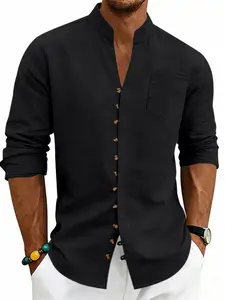 Men's Summer Stand Collar Button Linen Long Sleeve Shirt, Lightweight Breathable Casual Design Sport Business Style, Men's Clothing, Top