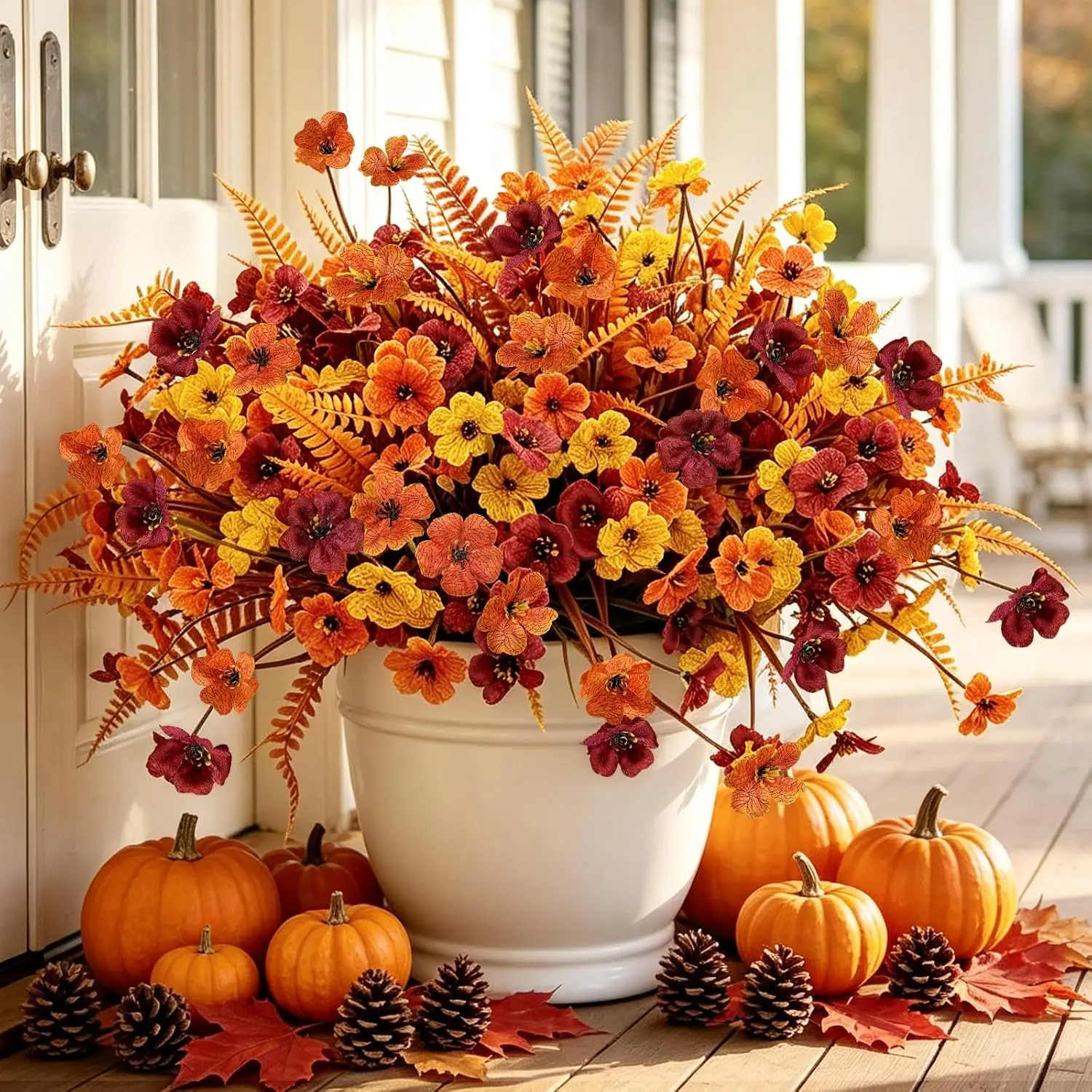 24 Bundles Fall Artificial Fake Plants Flowers for Outdoor Fall Decoration | Fake Silk Colorful Mums & Ferns Faux Flowers UV Resistant Fall Decor For Home Porch Patio Yard Garden Autumn Thanksgiving,dorm decor,dorm room decor