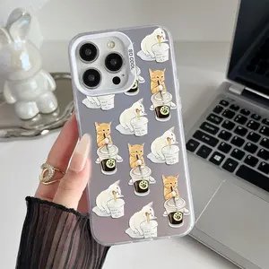 Cute Cat & Coffee Pattern Shockproof Phone Case for iPhone 7 8 X Xsmax 11 12 13 14 15 16 Pro Max Plus Stylish Trendy Protecitved Cover Affordable
