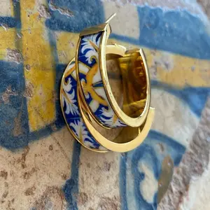 Atrio Hoop Earrings Portugal Tile 1" Stainless Steel PostAzulejo Antique 17th Century Évora Pousada Gold Blue gift boxed Gold or Silver