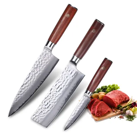 Kitchen Knife Set 3Piece AUS-10 Blade - Professional Chef Knife Set Kitchen Knives and Full Tang Wood Handle - Meat Cleaver Vegetable, Paring &Slicing/Paring Utility Knives