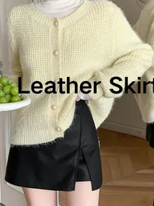 Spring Autumn New High Waist PU Leather Skirt, Women's A-Line Bodycon Patchwork Short Dress, Slim-Fitting All Seasons Wear