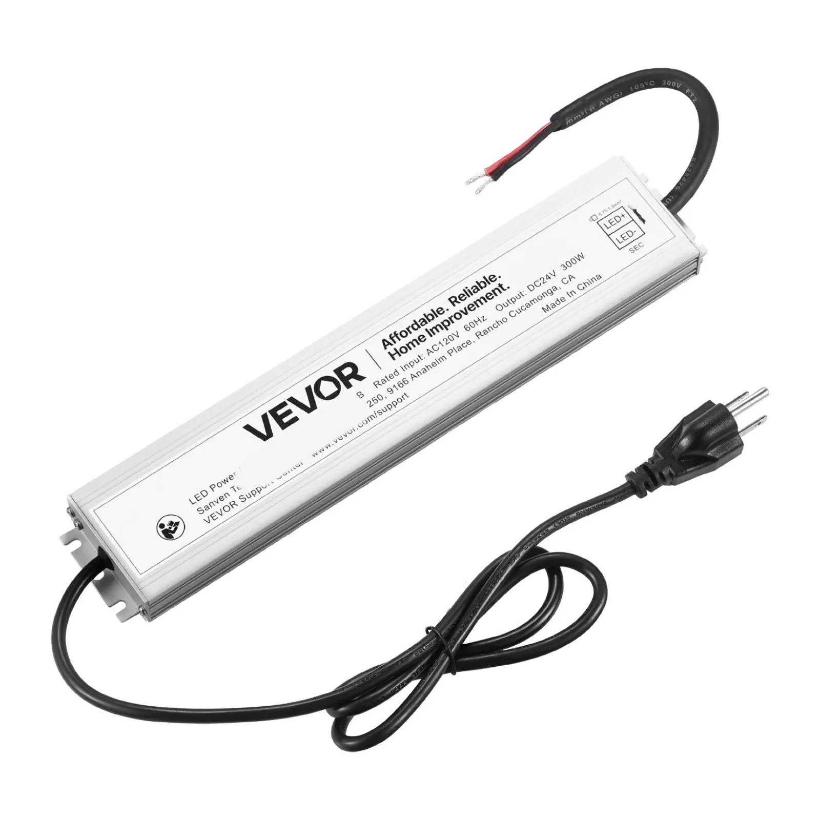 VEVOR 300W 24V DC Low Voltage AC to DC Transformer LED Driver, Waterproof IP67 Plug-In Power Supply with Plug Cable, Aluminum Compact Design for Outdoor Lighting, Indoor Use