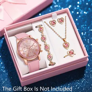 6 counts elegant pink and heart-shaped jewelry and quartz watch sets for women,equipped with matching bracelets,necklaces, earrings, rings - Valentine's Day, Birthday, Christmas, Eid al Fitr gifts - fashionable daily or special occasion jewelry collection