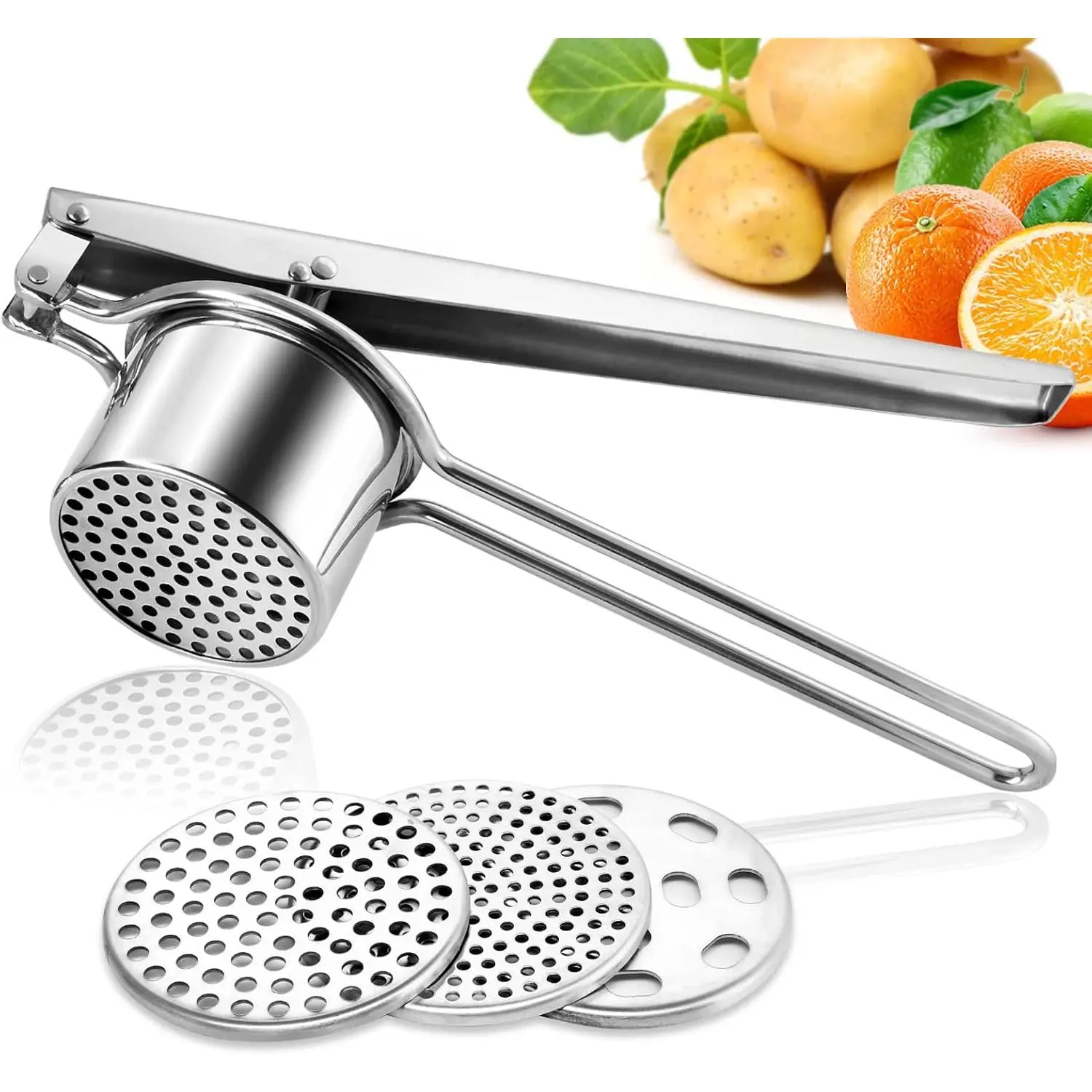 Stainless Steel Manual Potato Masher and Ricer - Heavy Duty Kitchen Utensil with Handles, Ideal for Smooth Mashed Potatoes, Pumpkin Rice, Gnocchi, Puree Basket