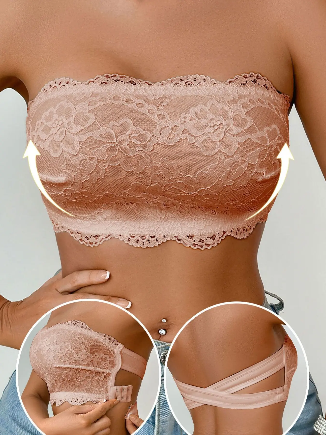 🔥 French Wireless Floral Lace Strapless Fashion Bra, Soft Support Push Up Lift Non-Slip Design, Side Buckle Crisscross Back Bandeau, Sexy Elegant For Dating Backless Outfit Underwear Style Womenswear
