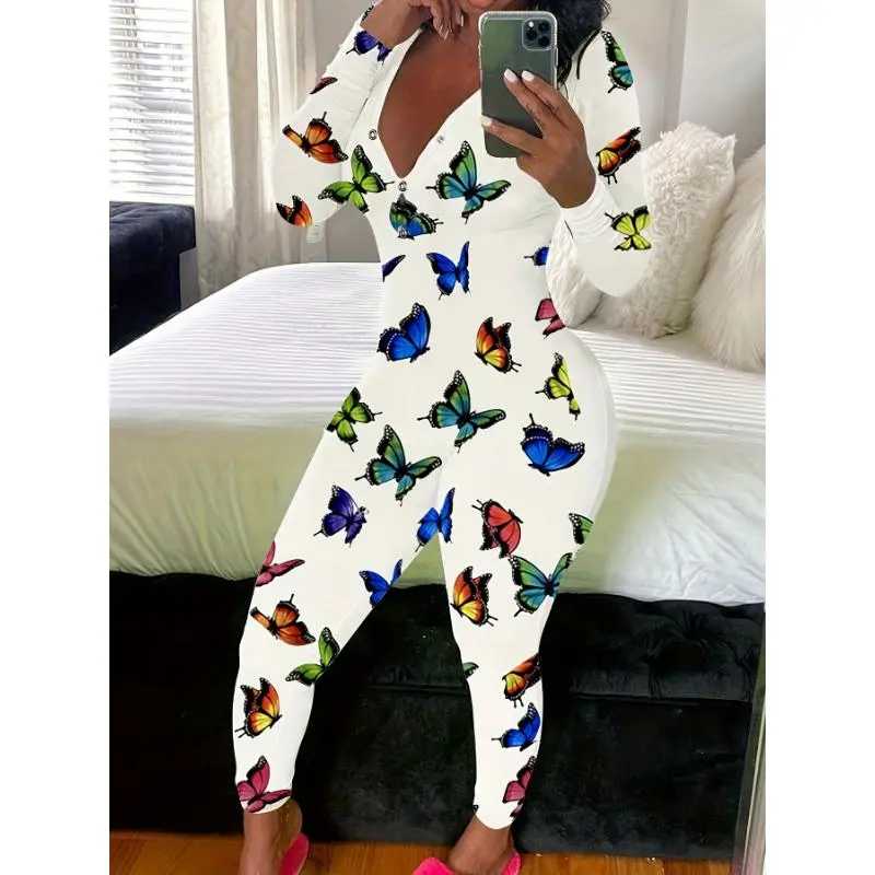 Stretchy Fit| Women's Casual Butterfly Print Long Sleeve Jumpsuit - V-Neck, Button Front, Stretchy Polyester Blend, All-Season Comfort, Black with Colorful Butterfly Design, Casual Loungewear|Long Sleeve Pajamas|Glossy Fabric  Spandex Womenswear Collar Ov